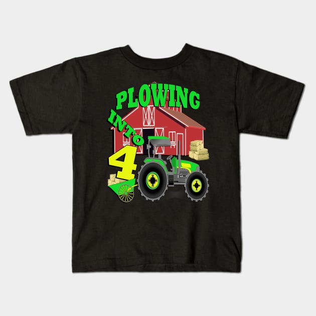 Birthday 4 Year Old Farming Themed Party, Cute Farm Fourth Birthday Gift Kids T-Shirt by tamdevo1